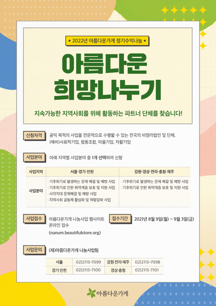 2022년 아름다운가게 정기수익나눔. 아름다운 희망나누기. 지속가능한 지역사회를 위해 활동하는 파트너 단체를 찾습니다! 신청자격: 공익 목적의 사업을 전문적으로 수행할 수 있는 전국의 비영리법인 및 단체, (예비)사회적기업, 협동조합, 마을기업, 자활기업. 사업분야: 아래 지역별 사업분야 중 1개 선택하여 신청. 사업지역-서울·경기·인천 사업분야-기후위기로 발생하는 문제 해결 및 예방 사업. 기후위기로 인한 취약계층 보호 및 지원 사업. 사각지대 문제해결 및 예방 사업. 지역사회 공동체 활성화 및 역량강화 사업. 사업지역-강원·경상·전라·충청·제주. 사업분야-기후위기로 발생하는 문제 해결 및 예방 사업. 기후위기로 인한 취약계층 보호 및 지원 사업. 사업접수: 아름다운가게 나눔사업 웹사이트 온라인접수(nanum.beautifulstore.org). 접수기간: 2021년 8월 9일(월)~9월 3일(금). 사업문의: (재)아름다운가게 나눔사업팀. 서울 02)2115-7099 강원·전라·제주 02)2115-7098 경기·인천 02)2115-7100 경상·충청 02)2115-7101. 아름다운가게