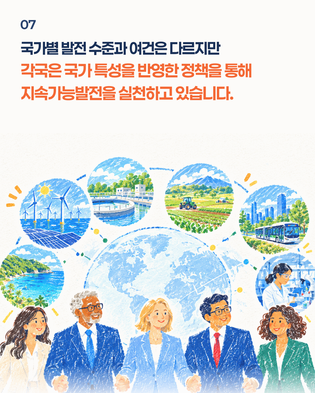 07 국가별 발전 수준과 여건은 다르지만 각국의 국가 특성을 반영한 정책을 통해 지속가능발전을 실천하고 있습니다.