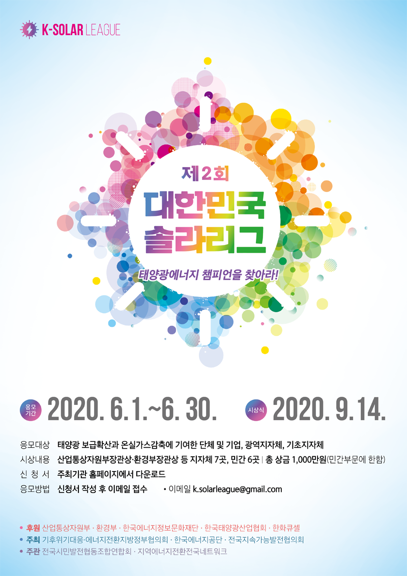 K-SOLAR LEAGUE. 제2회 대한민국 솔라리그 태양광에너지 챔피언을 찾아라! 응모기간: 2020.6.1.~6.30. 시상식: 2020.9.14. 응모대상: 태양광 보급확산 온실가스감축에 기여한 단체 및 기업, 광역지자체, 기초지자체. 시상내용: 산업통상자원부장관상·환경부장관상 등 지자체 7곳, 민간 6곳 | 총 상금 1,000만원(민간부문에 한함). 신청서: 주최기간 홈페이지에서 다운로드. 응모방법: 신청서 작성 후 이메일 접수. ●이메일 k.solarleague@gmail.com ●후원: 산업통상자원부·환경부·한국에너지정보문화재단·한국태양광산업협회·한화큐셀 ●주최: 기후위기대응·에너지전환지방정부협의회·한국에너지공단·전국지속가능발전협의회 ●주관: 전국시민발전협동조합연합회·지역에너지전환전국네트워크